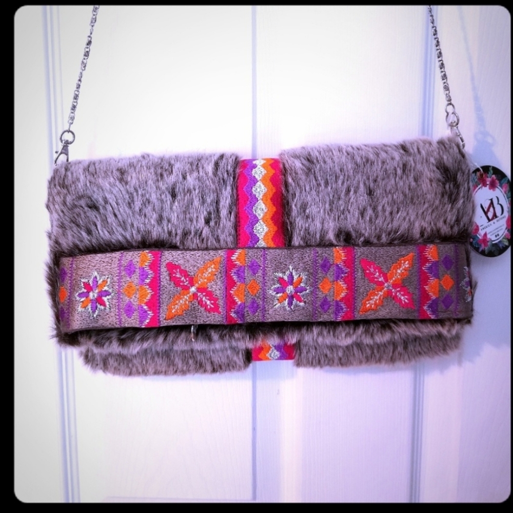 America & Beyond Faux Fur Clutch with Colorful Embroidery